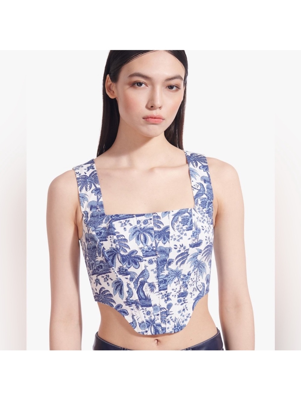 STAUD Blue and White Botanical Square-Neck Crop Top